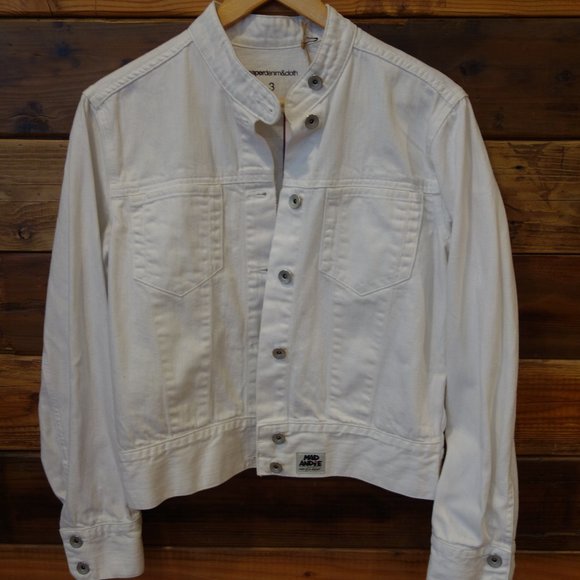 One-of-a-Kind paperdenim&cloth White Moto Jean Jacket w/ Custom Vintage Cross - Picture 2 of 7